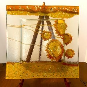 Eterno Fused Art Glass Handles Platter Sunflowers 12”x11.5”